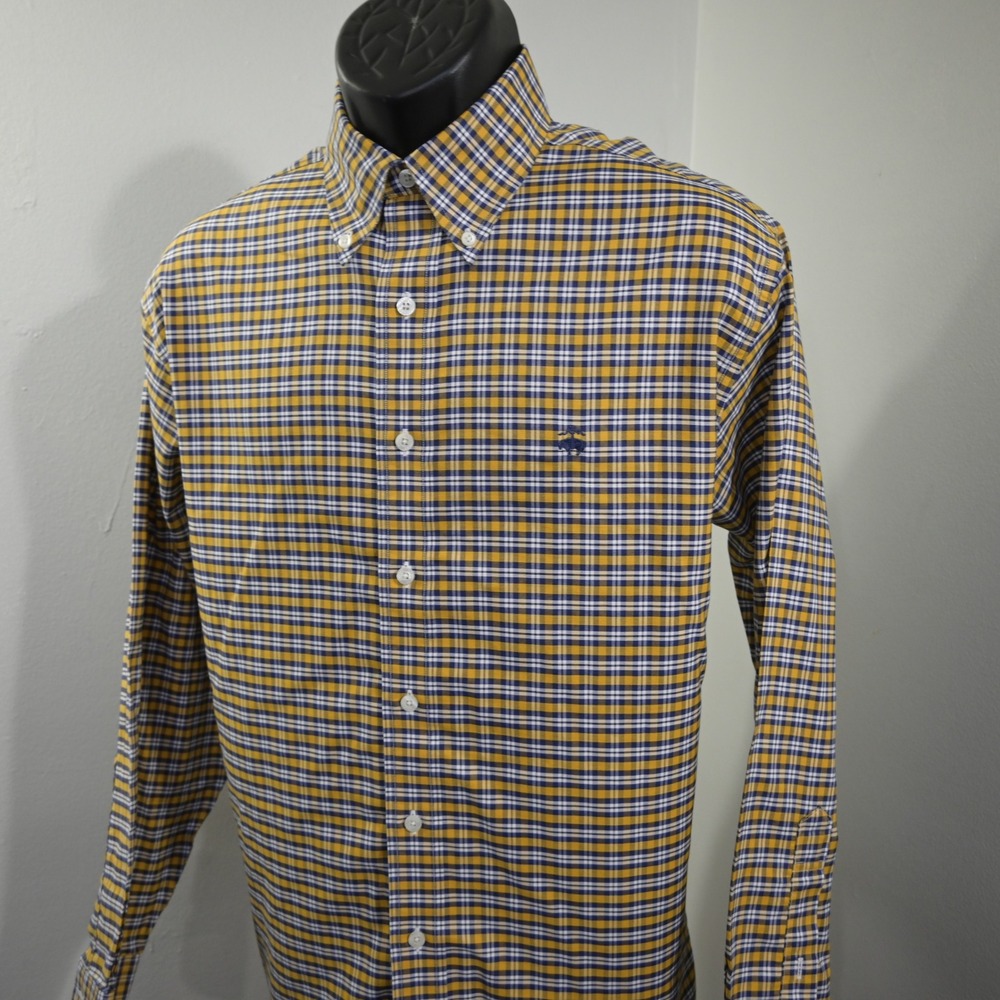 Brooks Brothers Dress Shirt Mens M Yellow Blue Plaid Non-Iron Supima Cotton L/S